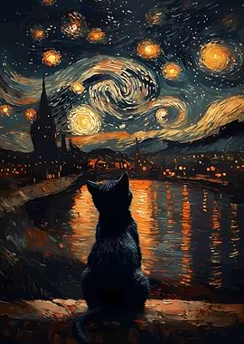 Black Cat Under Starry Night Sky
