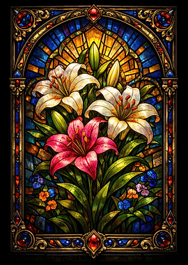 Stained Glass Lilies and Flowers