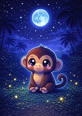 Cute Monkey Under the Moon