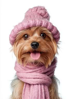 Cozy Silky Terrier in Winter Hat and Scarf