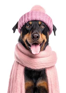 Cozy Beauceron Dog in Winter Hat and Scarf