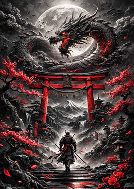 Samurai Confronts Dragon Under Moon