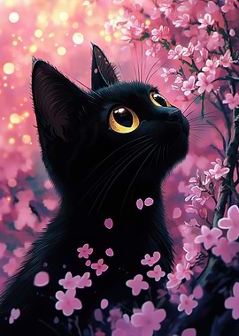 Black Cat Among Cherry Blossoms