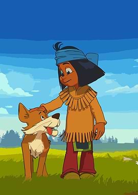 Native American Boy and Dog in Field