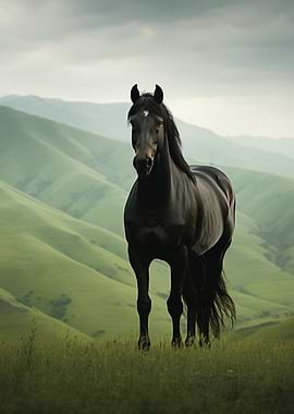 Majestic Black Horse in Rolling Green Hills