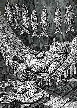 Cat Relaxing in Hammock with Fish