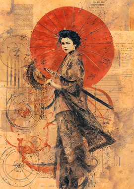 Abstract Samurai Woman Red Sun