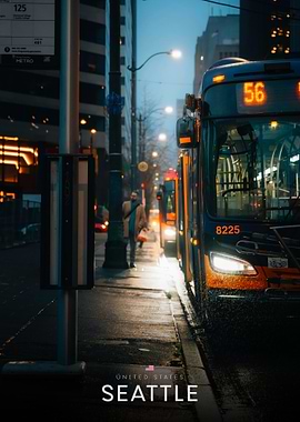 Seattle Bus on a Rainy Street