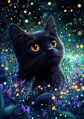 Black Cat in a Magical Garden