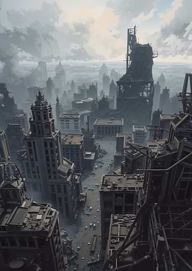 Post-apocalyptic cityscape with ruined skyscrapers