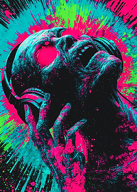 Screaming Neon Zombie Wearing Headphones