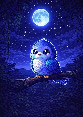 Cute Blue Bird Under the Moon Pixel