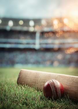 Cricket Bat and Ball on Grass
