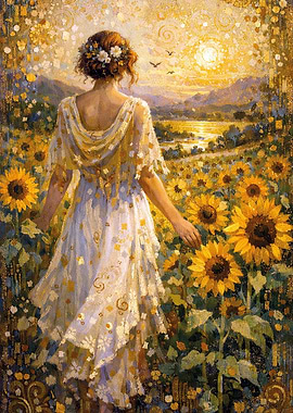 Woman in Sunflower Field at Sunset