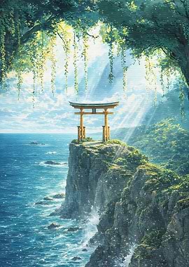 Torii Gate on Cliff Overlooking Ocean