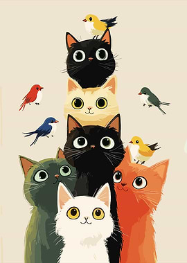 Stack of Cats with Birds