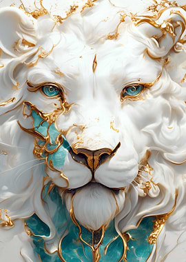 Majestic White Lion with Gold and Teal Accents
