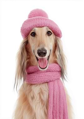 Cozy Afghan Hound in Pink Winter Hat and Scarf