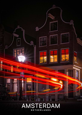 Amsterdam at Night with Light Trails