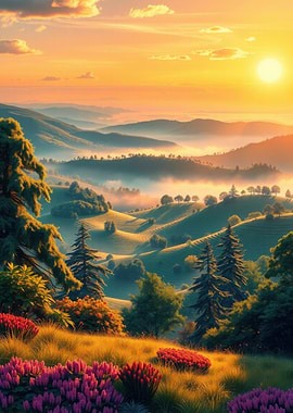 Sunrise Over Misty Mountains and Flowers