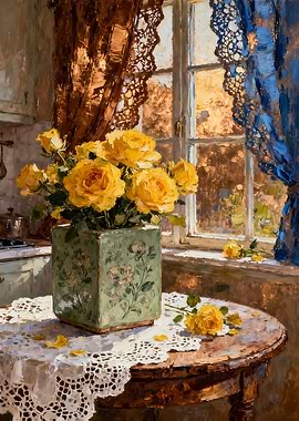Yellow Roses in a Vase on a Table