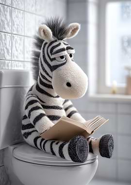 Plush Zebra Reading on Toilet