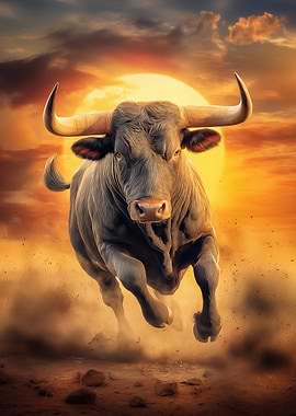 Charging Bull Against Sunset