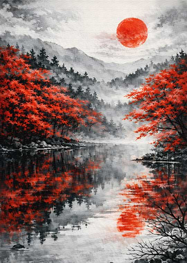 Red Sun Over Misty Mountains and Lake