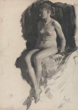 Charcoal sketch of a seated nude woman