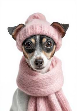 Cozy Toy Fox Terrier Dog Wearing Pink Winter Hat and Scarf