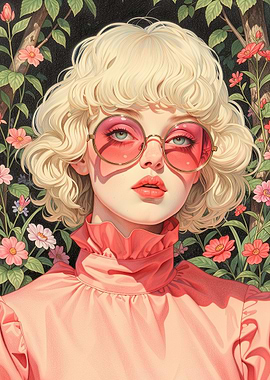 Woman with blonde curly hair and pink glasses