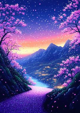 Pixel Art Cherry Blossom Landscape