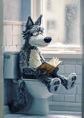 Wolf reading on a toilet