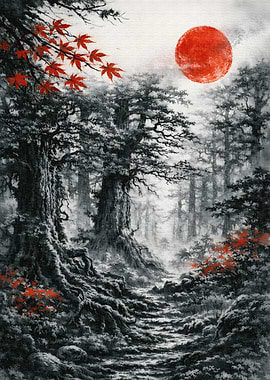 Misty Forest with Red Sun and Maple Leaves