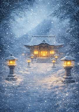 Snowy Japanese Shrine at Night