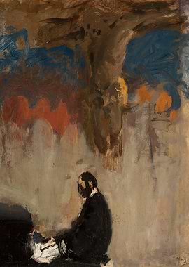 Man playing piano in abstract setting