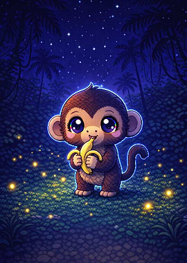 Cute Monkey Eating Banana Under Stars