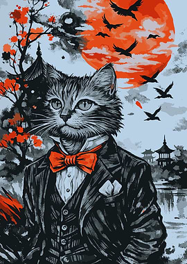 Dapper Cat in Japanese Landscape