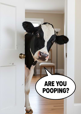 Cow peeking through door asking a question