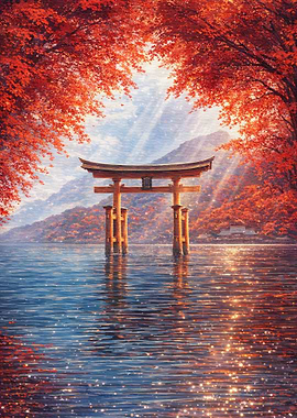 Torii Gate in Autumn Lake