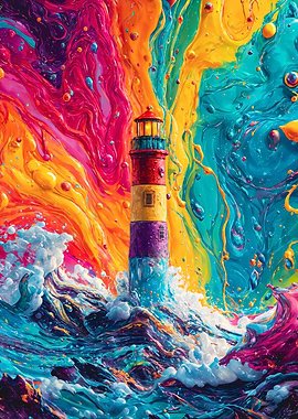 Vibrant Psychedelic Lighthouse Ocean Waves