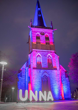 Unna Church Illuminated at Night