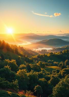 Sunrise over Misty Mountains and Lake