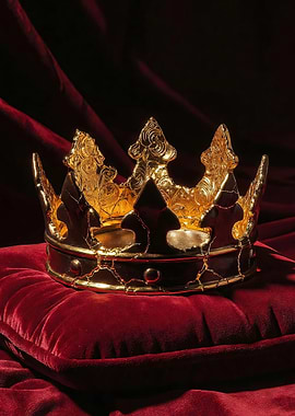 Golden Crown on Red Velvet Pillow