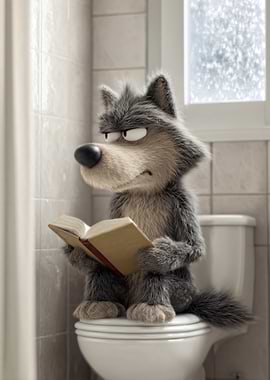 Wolf reading a book on a toilet