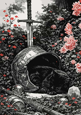 Black Cat Sleeping in Knight's Helmet