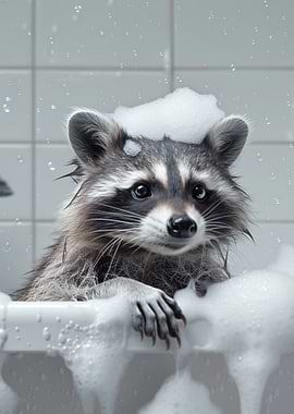 Cute Raccoon in Bubble Bath