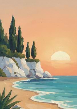 Coastal Cliffside Sunset Painting