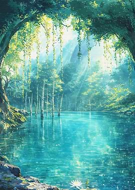 Enchanted Forest Lake with Sunbeams