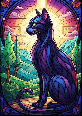 Stained Glass Black Cat in Landscape